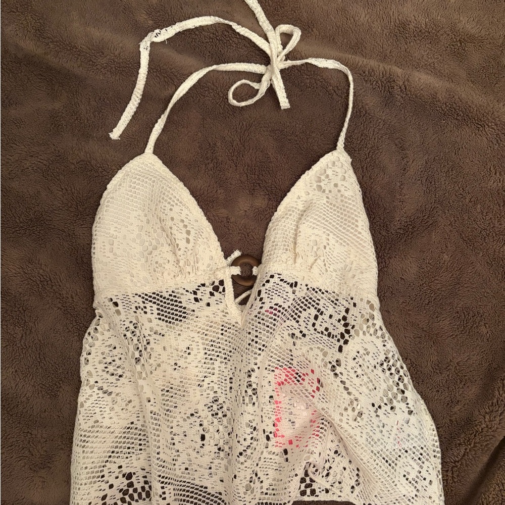 Edikted Cream Crochet Halter Top